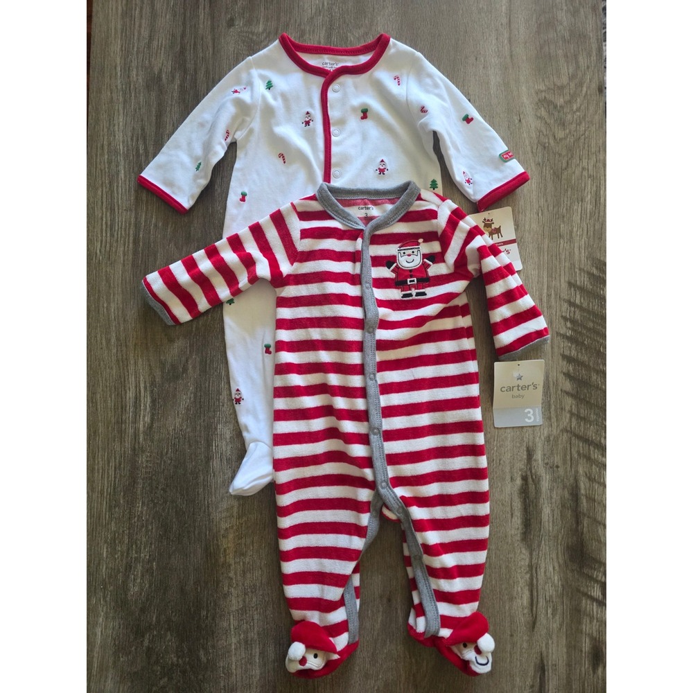 New Carters Baby 3 Months Christmas Sleep and Play 2 Pack Santa Striped Footed